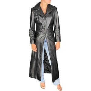 WILSONS MAXIMA 90'S BLACK LEATHER NOTCH COLLAR 3 BUTTON LONG DUSTER JACKET